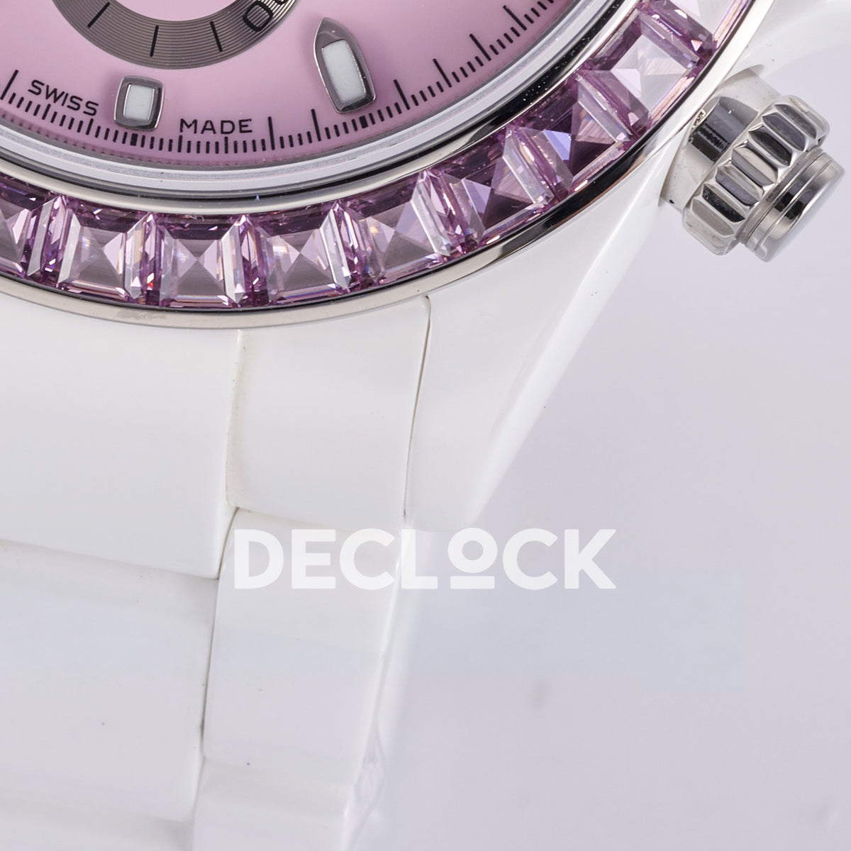 Rolex Daytona ADGF replica - pink gem-set bezel, white ceramic lower lugs and bracelet detail