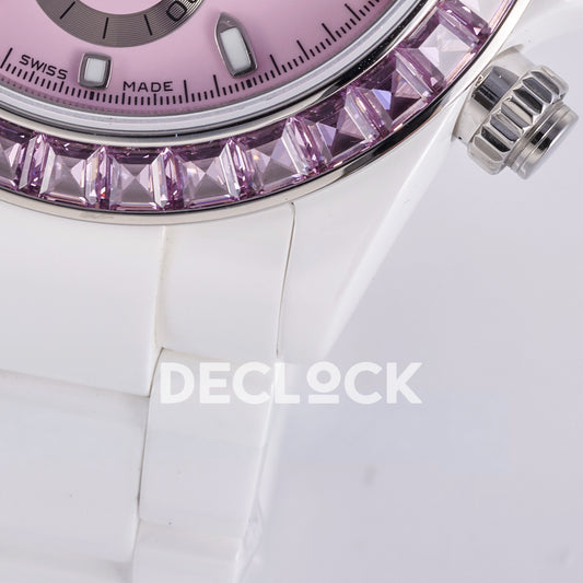 Rolex Daytona ADGF replica - pink gem-set bezel, white ceramic lower lugs and bracelet detail