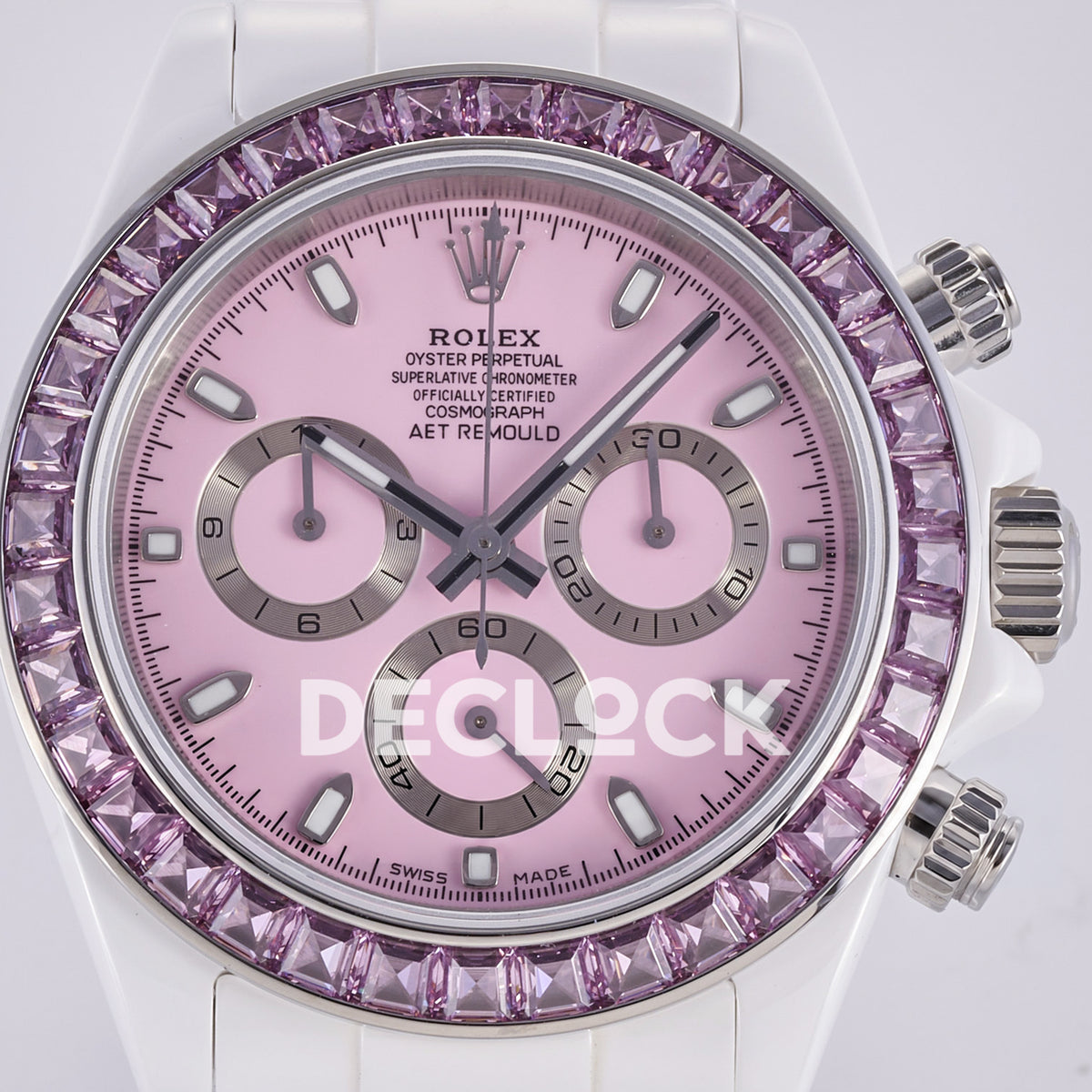 Rolex Daytona ADGF replica - original pink AET Remould dial, silver chronograph rings, pink faceted gem bezel and white ceramic case