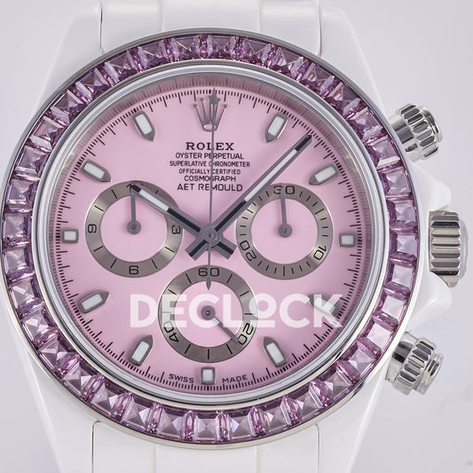Rolex Daytona ADGF replica - original pink AET Remould dial, silver chronograph rings, pink faceted gem bezel and white ceramic case