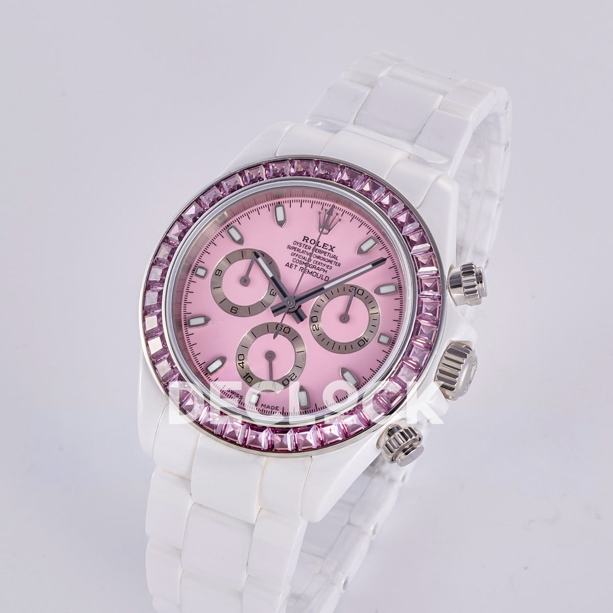 Rolex Daytona ADGF replica - original pink AET Remould dial, silver chronograph rings, pink faceted gem bezel and white ceramic case