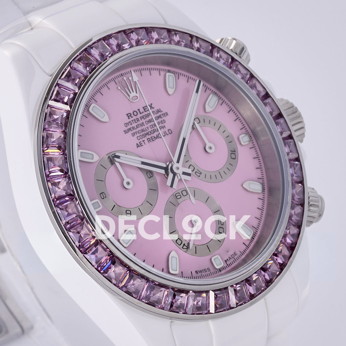 Rolex Daytona ADGF replica - original pink AET Remould dial, silver chronograph rings, pink faceted gem bezel and white ceramic case