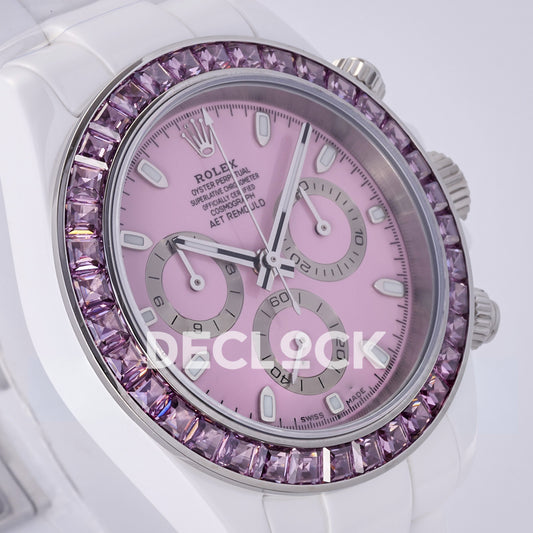 Rolex Daytona ADGF replica - original pink AET Remould dial, silver chronograph rings, pink faceted gem bezel and white ceramic case