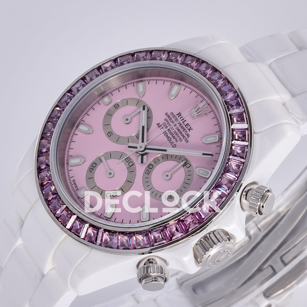 Rolex Daytona ADGF replica - original pink AET Remould dial, silver chronograph rings, pink faceted gem bezel and white ceramic case