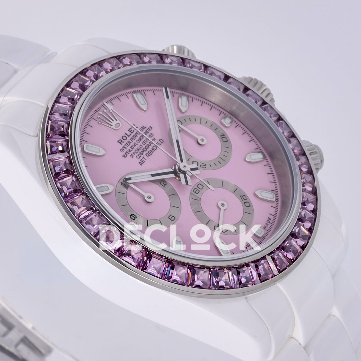 Rolex Daytona ADGF replica - original pink AET Remould dial, silver chronograph rings, pink faceted gem bezel and white ceramic case