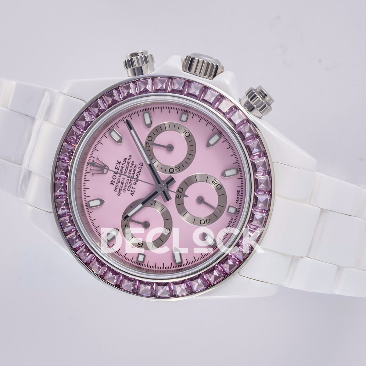 Rolex Daytona ADGF replica - original pink AET Remould dial, silver chronograph rings, pink faceted gem bezel and white ceramic case