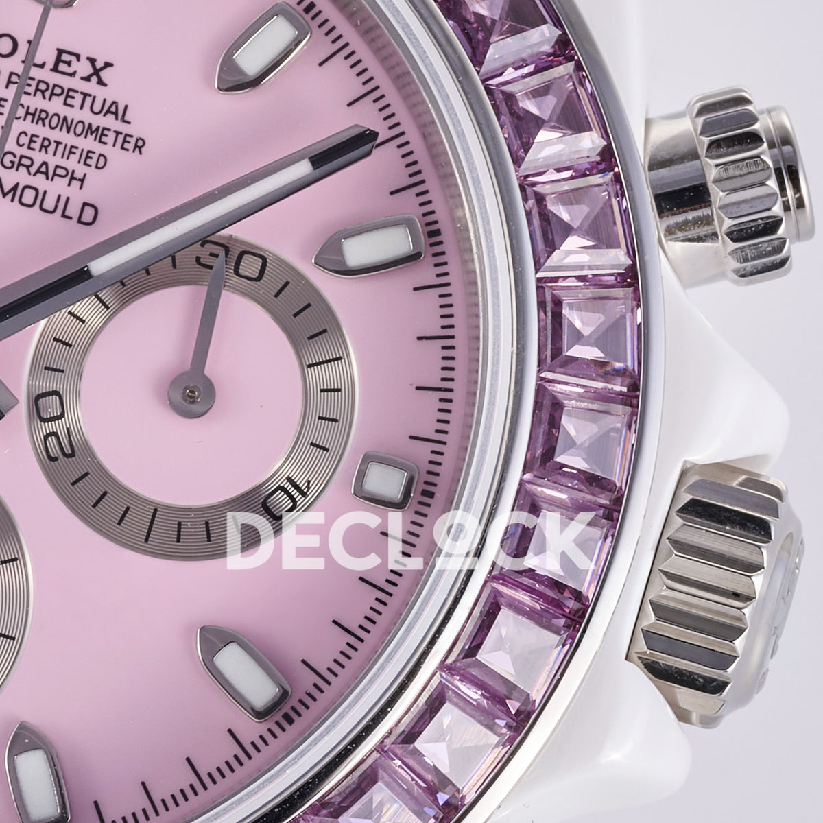 Rolex Daytona ADGF replica - original pink AET Remould dial, silver chronograph rings, pink faceted gem bezel and white ceramic case