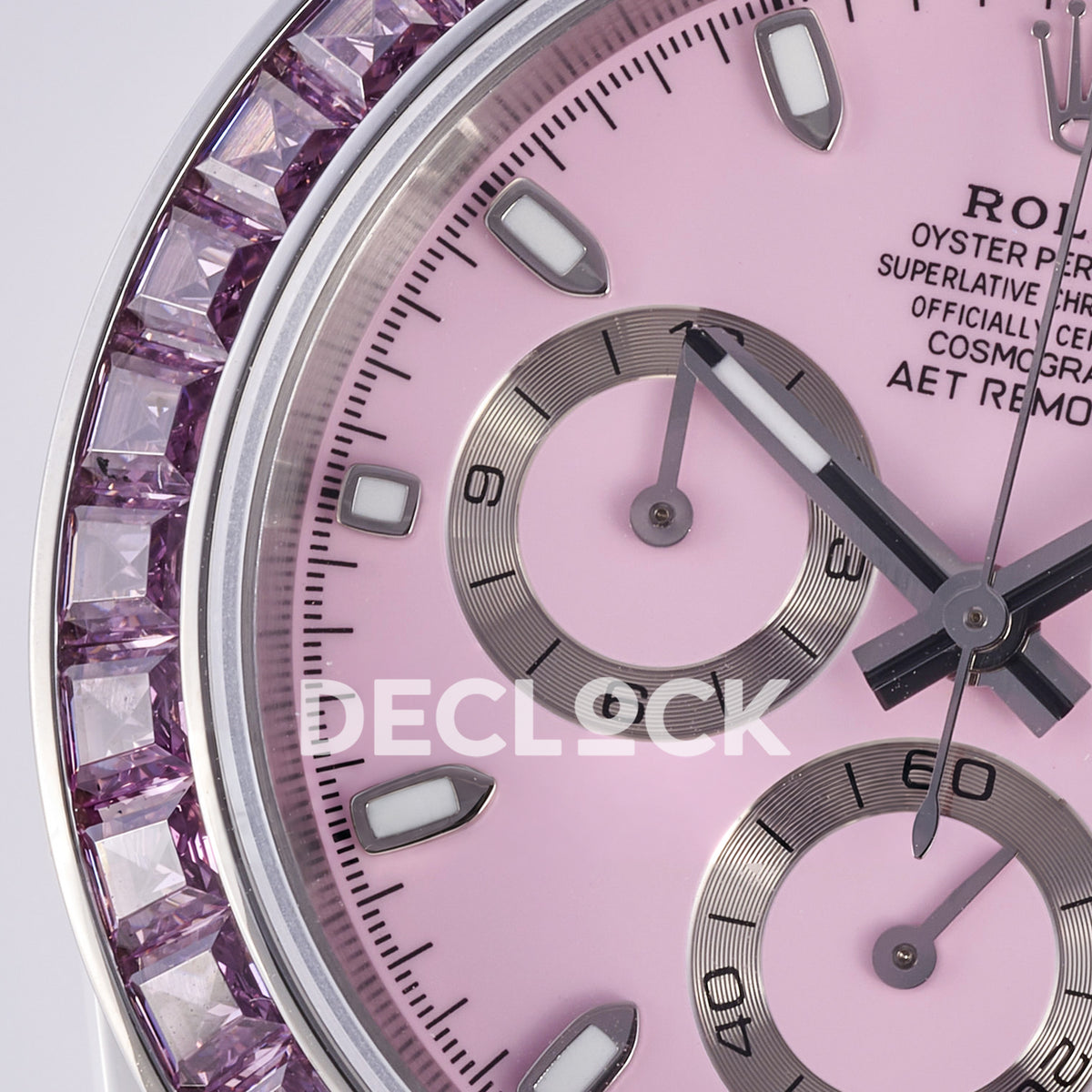 Rolex Daytona ADGF replica - original pink AET Remould dial, silver chronograph rings, pink faceted gem bezel and white ceramic case