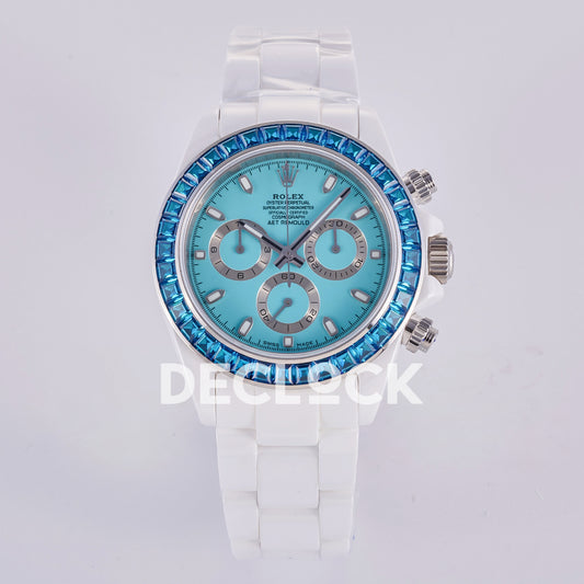 Rolex Daytona AET ADGF replica - front view of turquoise AET dial, silver chronograph rings, blue gem-set bezel and white ceramic bracelet
