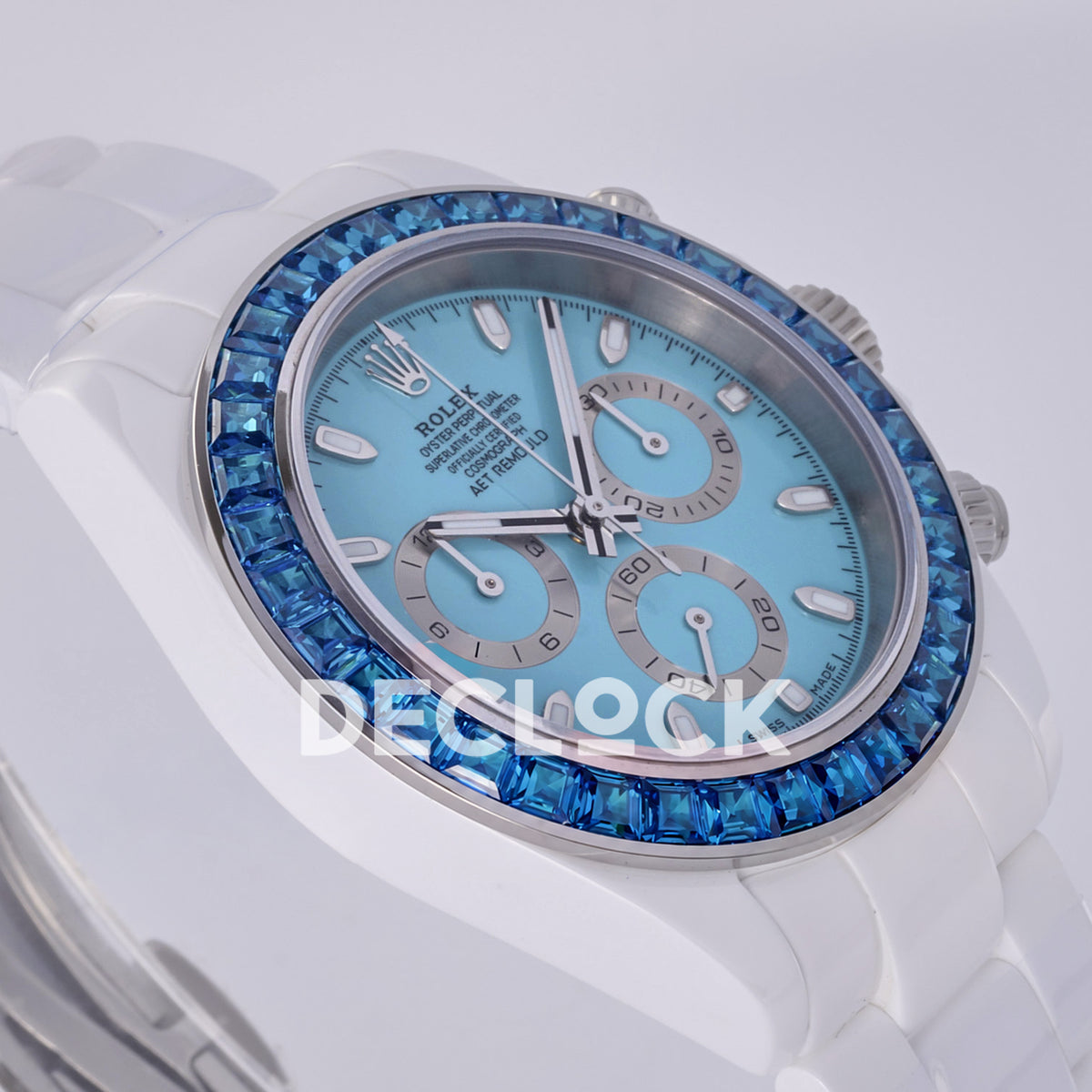 Rolex Daytona AET ADGF replica - opposite angled turquoise AET dial and luminous white hour markers