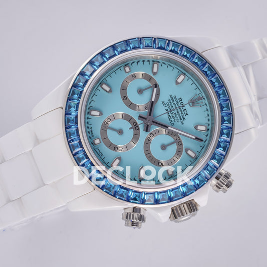 Rolex Daytona AET ADGF replica - opposite angle of AET dial, white ceramic bracelet and blue gem-set bezel