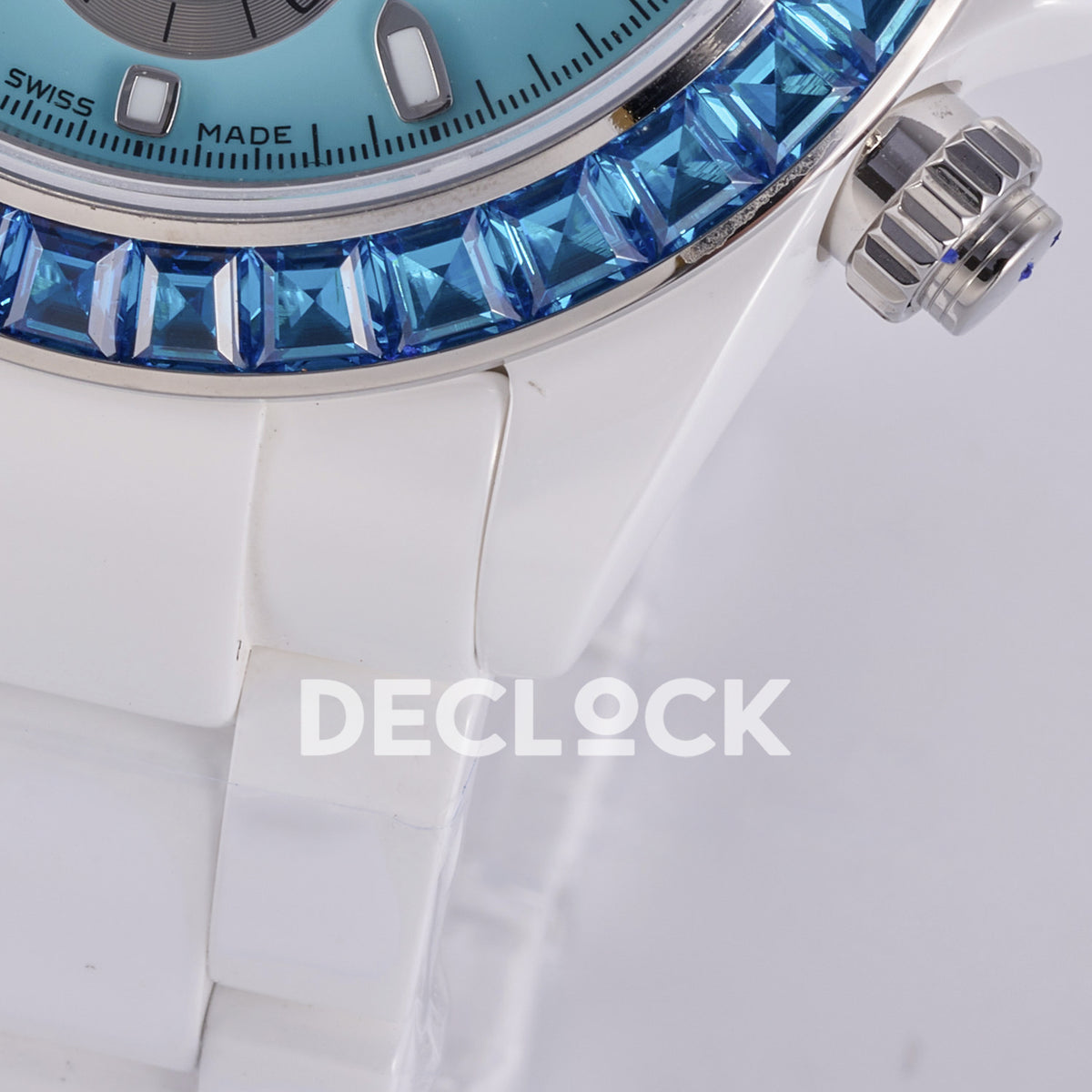 Rolex Daytona AET ADGF replica - blue gem-set bezel, white ceramic lower lugs and bracelet detail