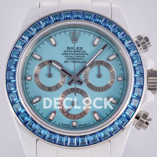 Rolex Daytona AET ADGF replica - original turquoise AET Remould dial, silver chronograph rings, blue gem bezel and white ceramic case