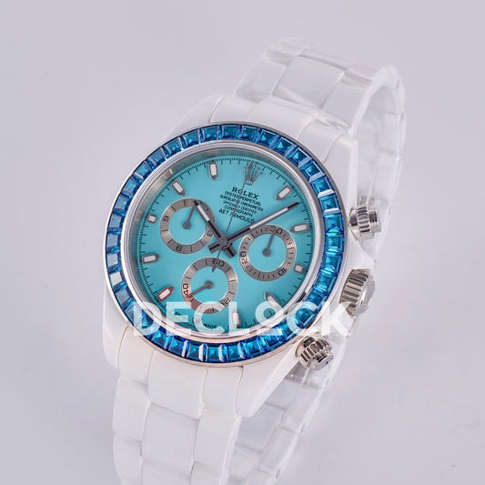 Rolex Daytona AET ADGF replica - original turquoise AET Remould dial, silver chronograph rings, blue gem bezel and white ceramic case