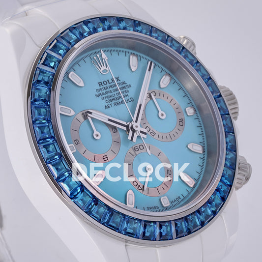 Rolex Daytona AET ADGF replica - original turquoise AET Remould dial, silver chronograph rings, blue gem bezel and white ceramic case