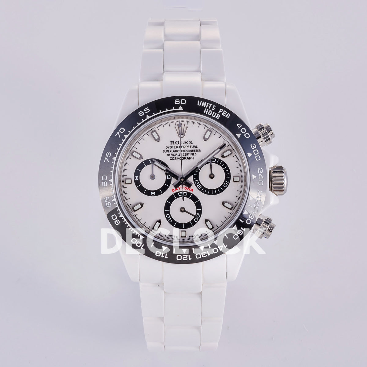 Rolex Daytona ADGF replica - front view of white dial, black counter rings, black tachymeter bezel and white ceramic bracelet