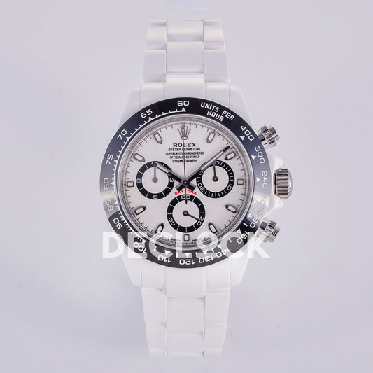Rolex Daytona ADGF replica - front view of white dial, black counter rings, black tachymeter bezel and white ceramic bracelet