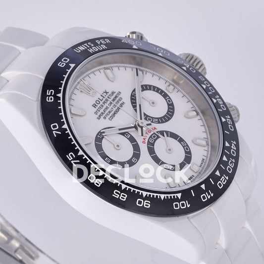 Rolex Daytona ADGF replica - angled white dial and counter centers, black rings, grey hands, black tachymeter and white ceramic bracelet