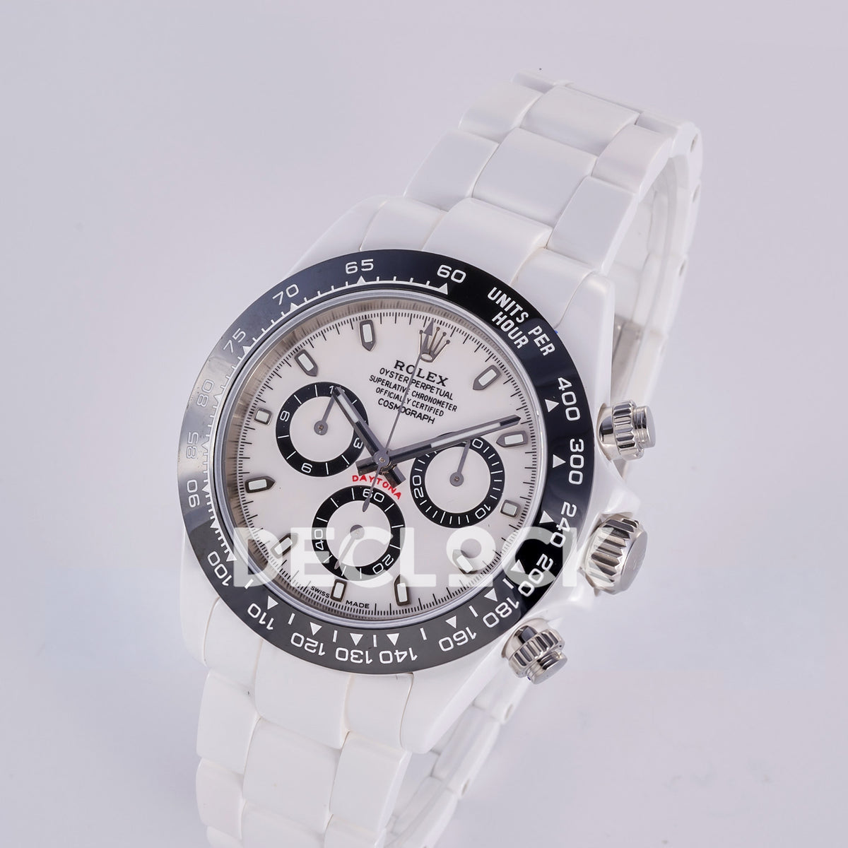 Rolex Daytona ADGF replica - original white AET dial, black chronograph counter rings, silver hands and hour markers, black tachymeter bezel and white ceramic case
