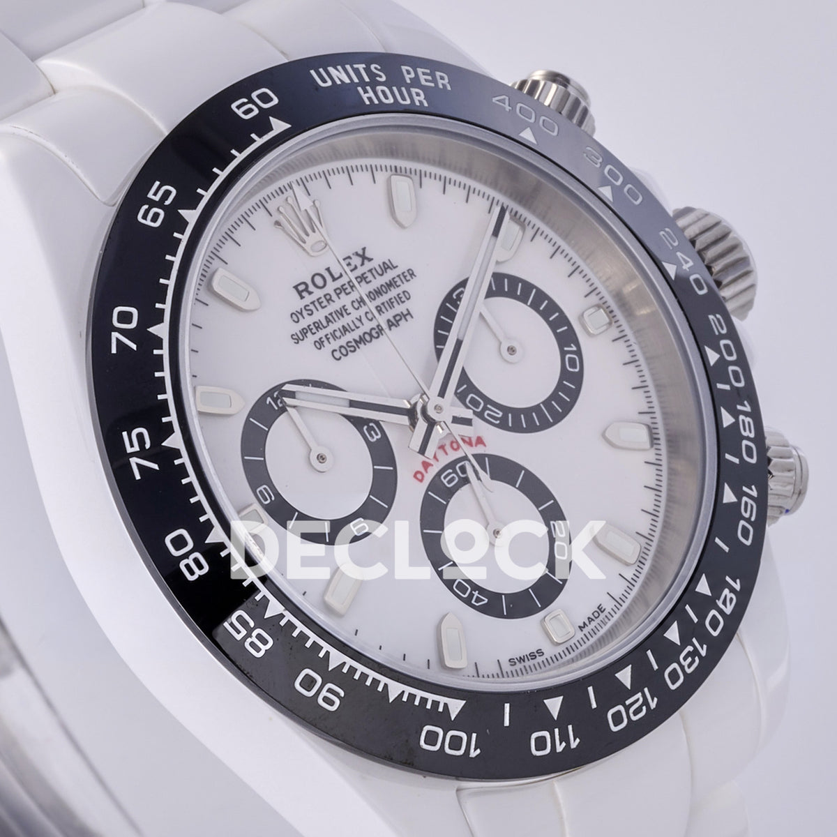 Rolex Daytona ADGF replica - original white AET dial, black chronograph counter rings, silver hands and hour markers, black tachymeter bezel and white ceramic case