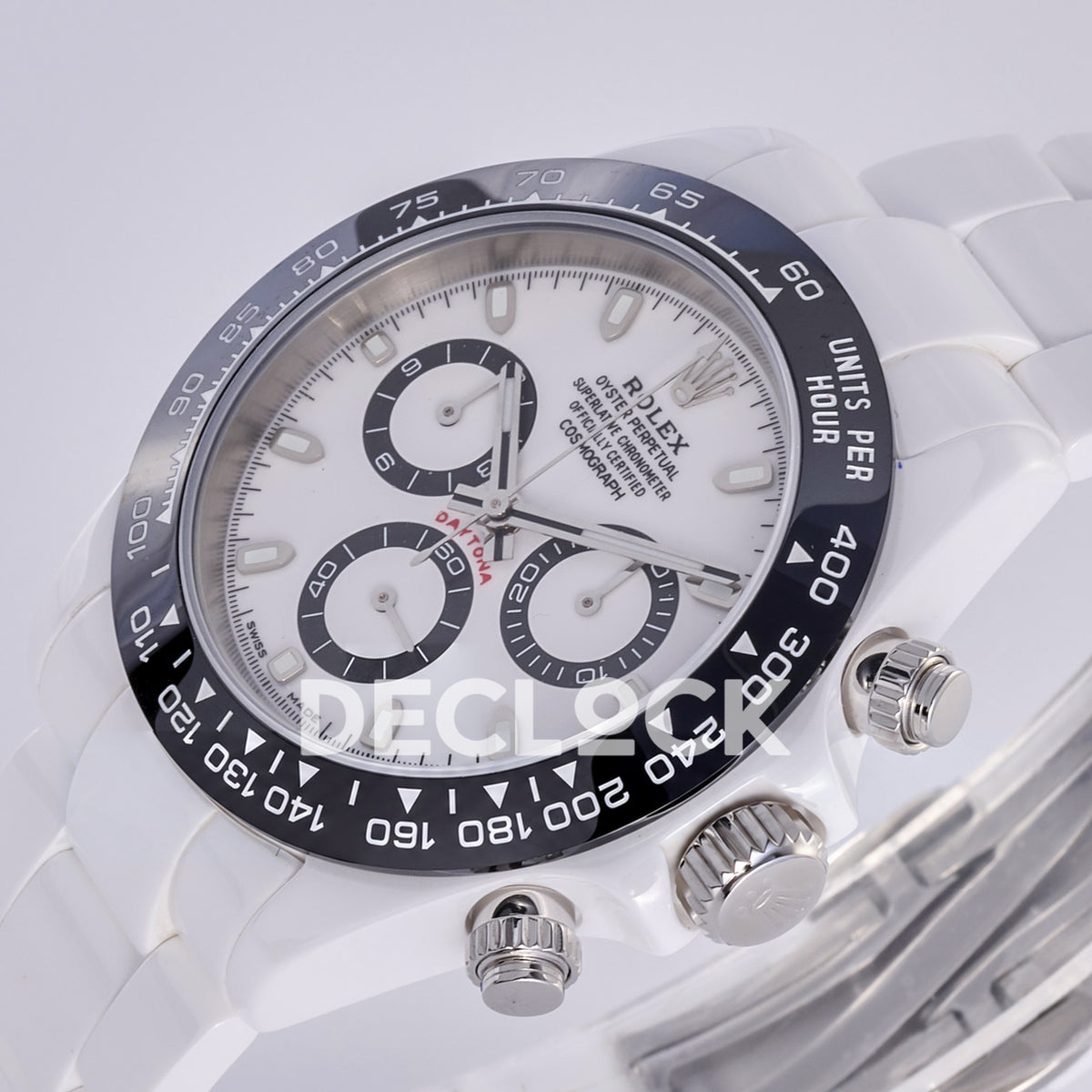 Rolex Daytona ADGF replica - original white AET dial, black chronograph counter rings, silver hands and hour markers, black tachymeter bezel and white ceramic case