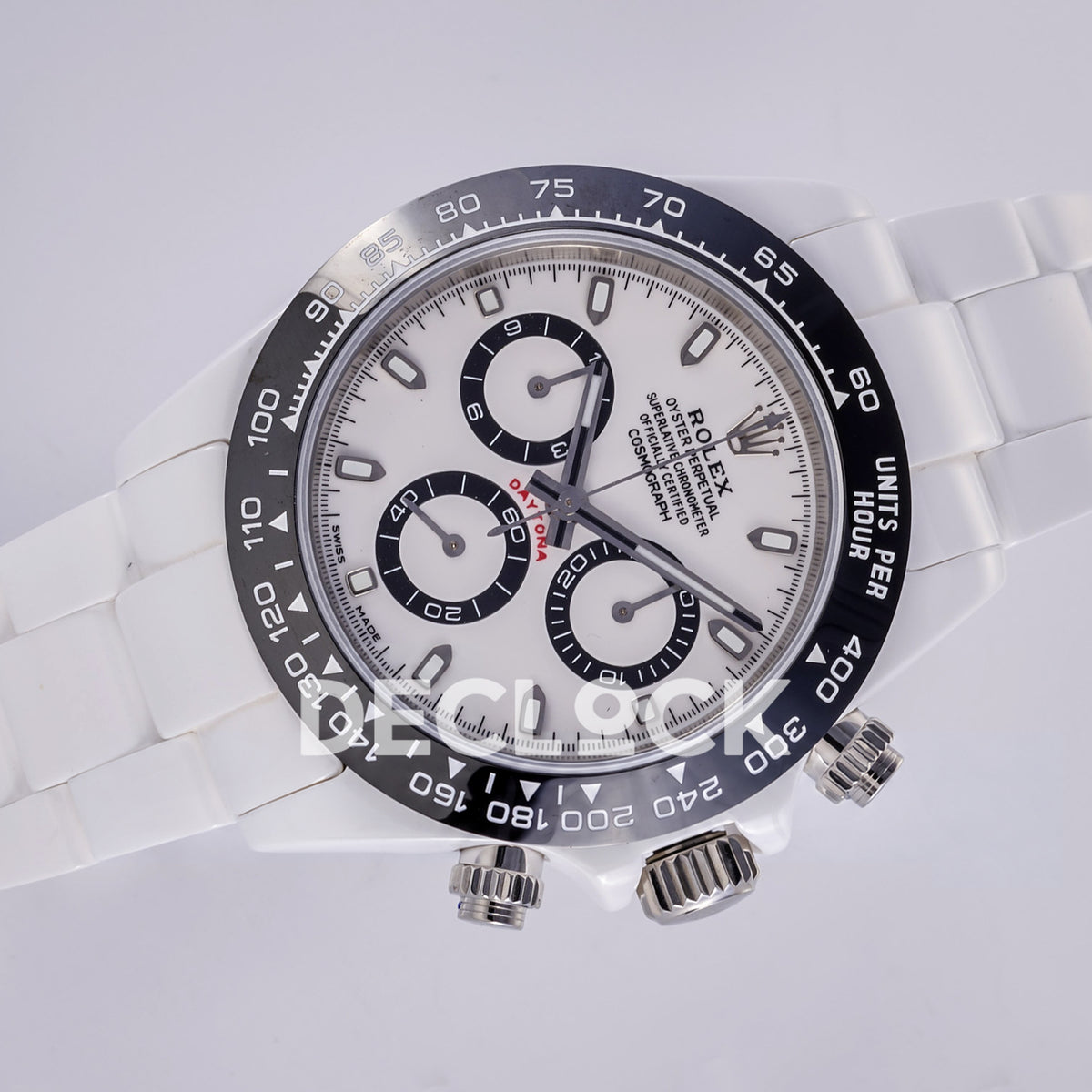 Rolex Daytona ADGF replica - original white AET dial, black chronograph counter rings, silver hands and hour markers, black tachymeter bezel and white ceramic case