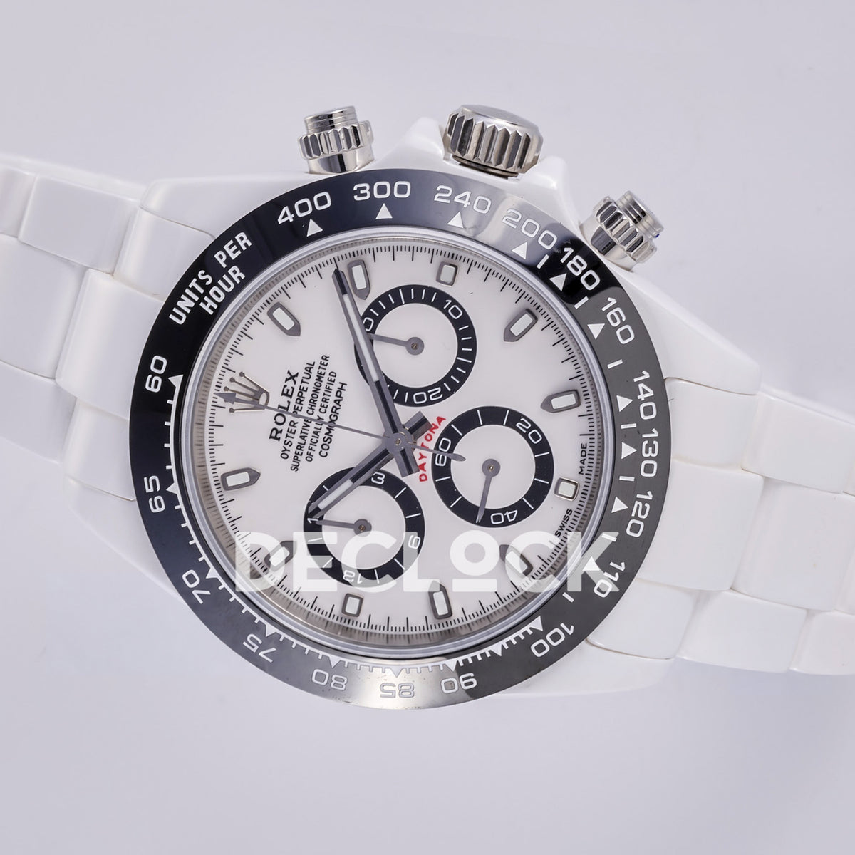 Rolex Daytona ADGF replica - original white AET dial, black chronograph counter rings, silver hands and hour markers, black tachymeter bezel and white ceramic case