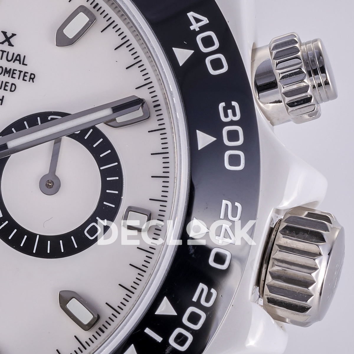 Rolex Daytona ADGF replica - original white AET dial, black chronograph counter rings, silver hands and hour markers, black tachymeter bezel and white ceramic case