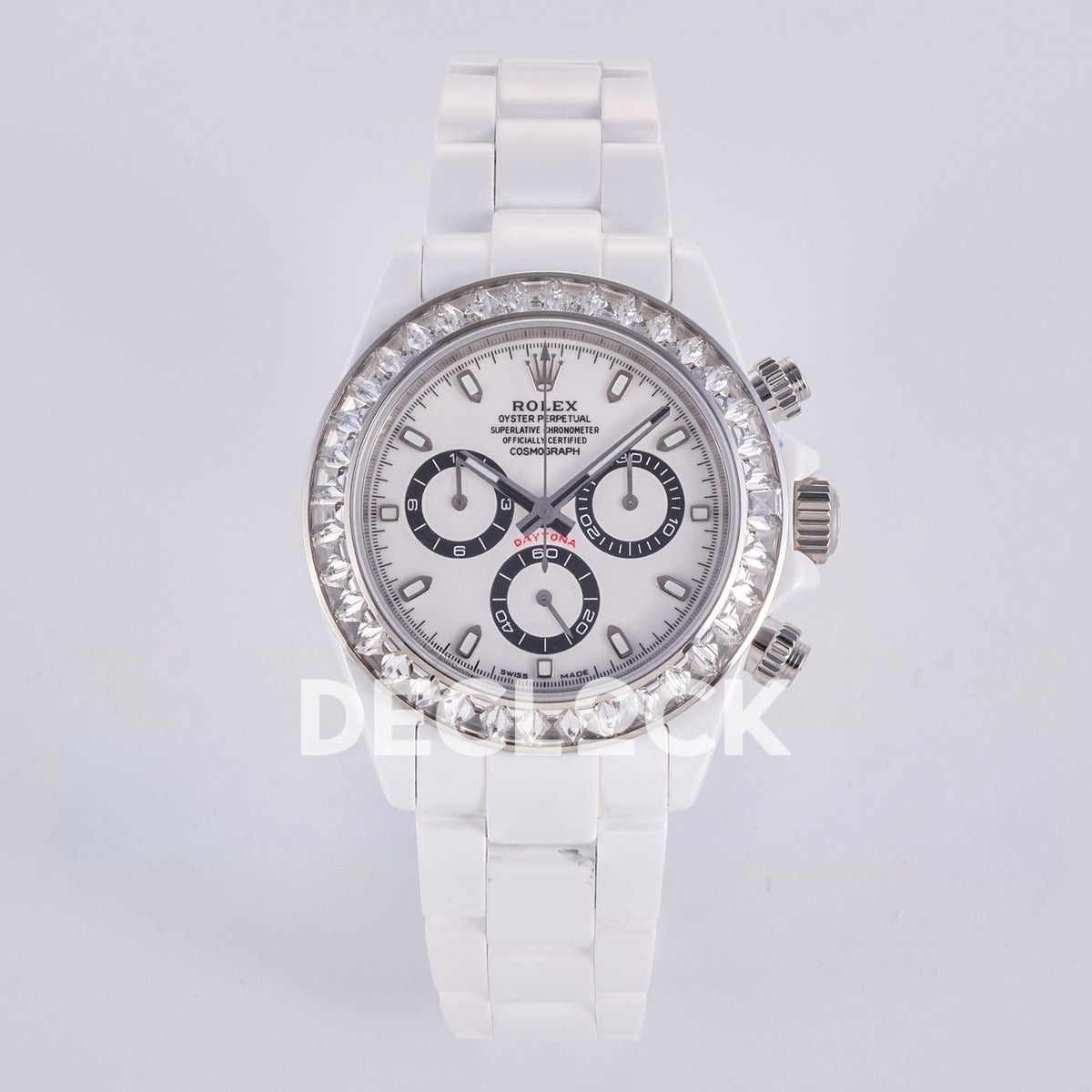 Rolex Daytona ADGF replica - front view of white dial, black chronograph rings, clear gem-set bezel and white ceramic bracelet