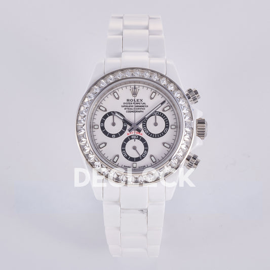 Rolex Daytona ADGF replica - front view of white dial, black chronograph rings, clear gem-set bezel and white ceramic bracelet