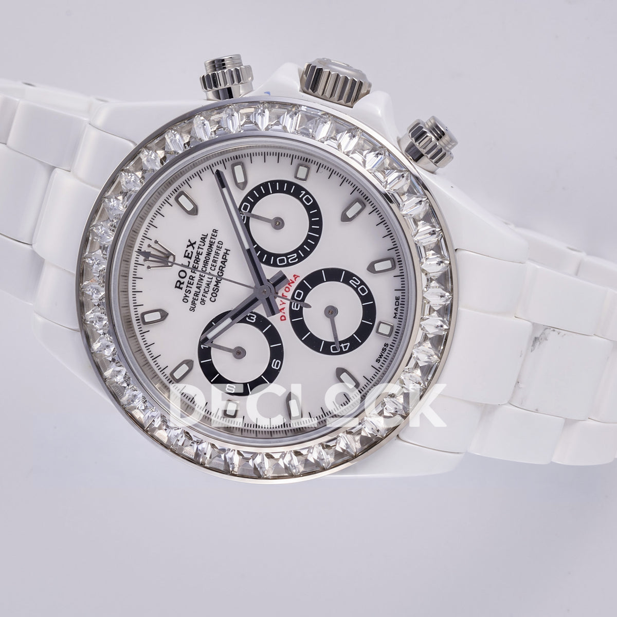 Rolex Daytona ADGF replica - alternate white dial view with original chronograph hands and white ceramic bracelet