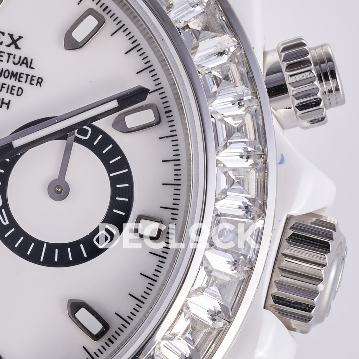 Rolex Daytona ADGF replica - white luminous dial marker, clear faceted bezel, winding crown and pushers close-up