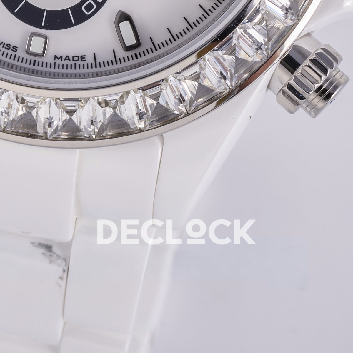 Rolex Daytona ADGF replica - clear gem-set bezel, white ceramic lower lugs and bracelet detail