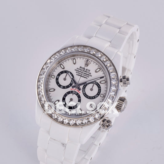 Rolex Daytona ADGF replica - original white AET Daytona dial, black chronograph rings, clear gem bezel and white ceramic case