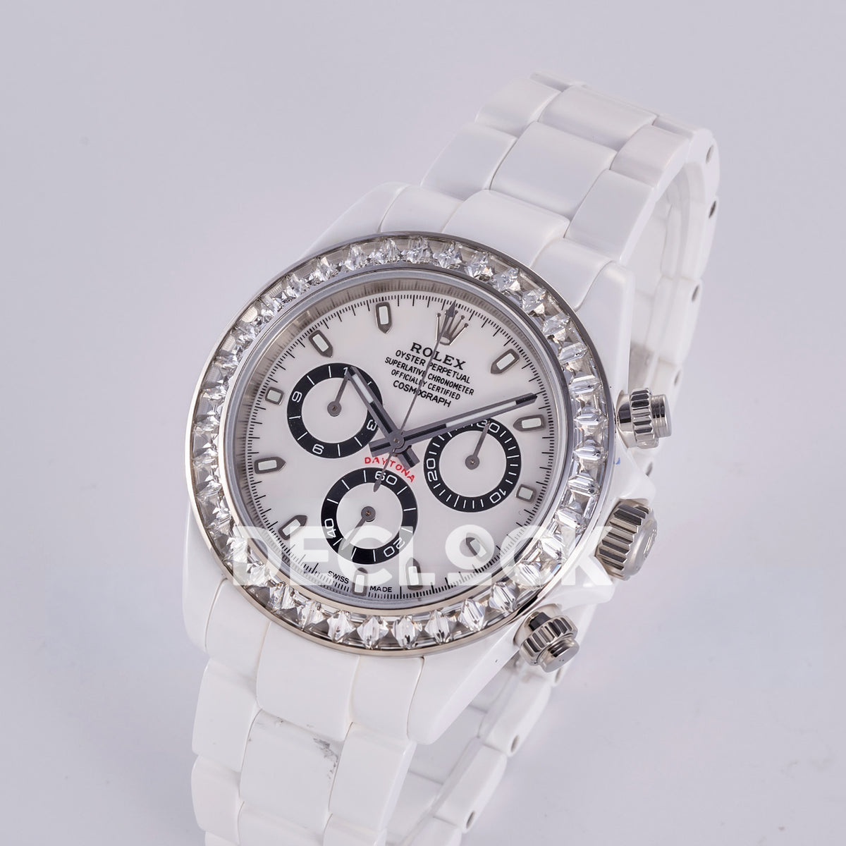 Rolex Daytona ADGF replica - original white AET Daytona dial, black chronograph rings, clear gem bezel and white ceramic case