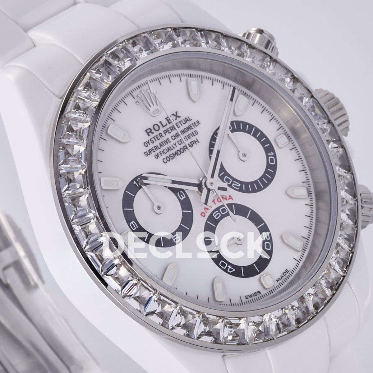 Rolex Daytona ADGF replica - original white AET Daytona dial, black chronograph rings, clear gem bezel and white ceramic case