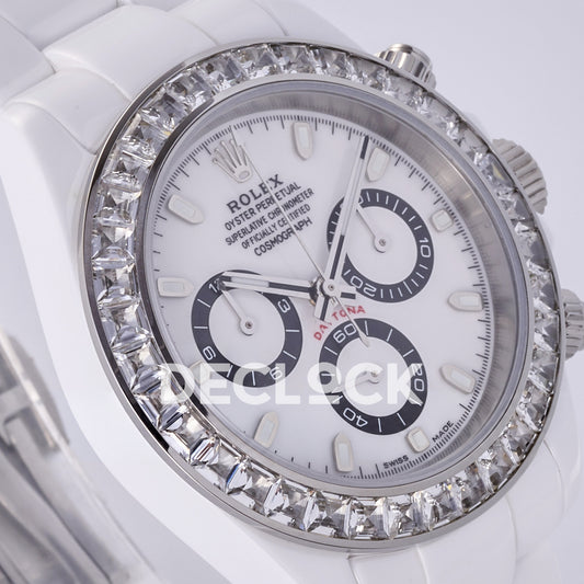 Rolex Daytona ADGF replica - original white AET Daytona dial, black chronograph rings, clear gem bezel and white ceramic case