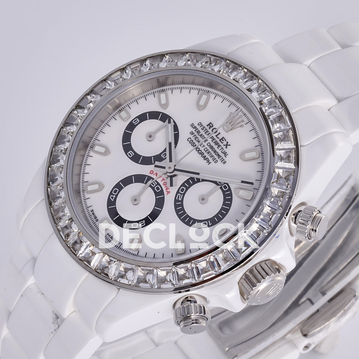 Rolex Daytona ADGF replica - original white AET Daytona dial, black chronograph rings, clear gem bezel and white ceramic case
