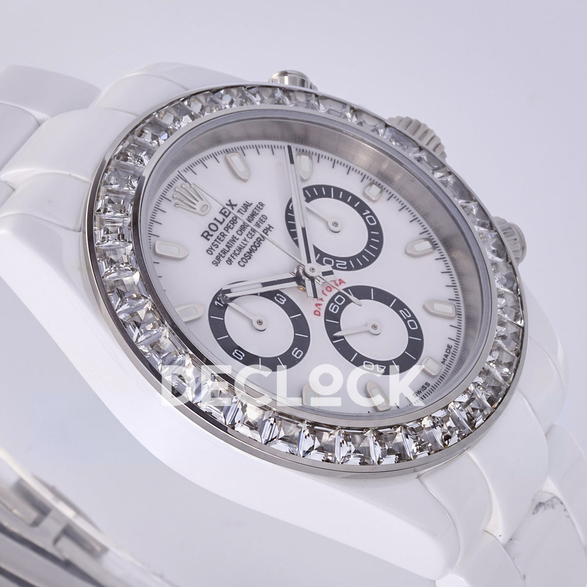 Rolex Daytona ADGF replica - original white AET Daytona dial, black chronograph rings, clear gem bezel and white ceramic case