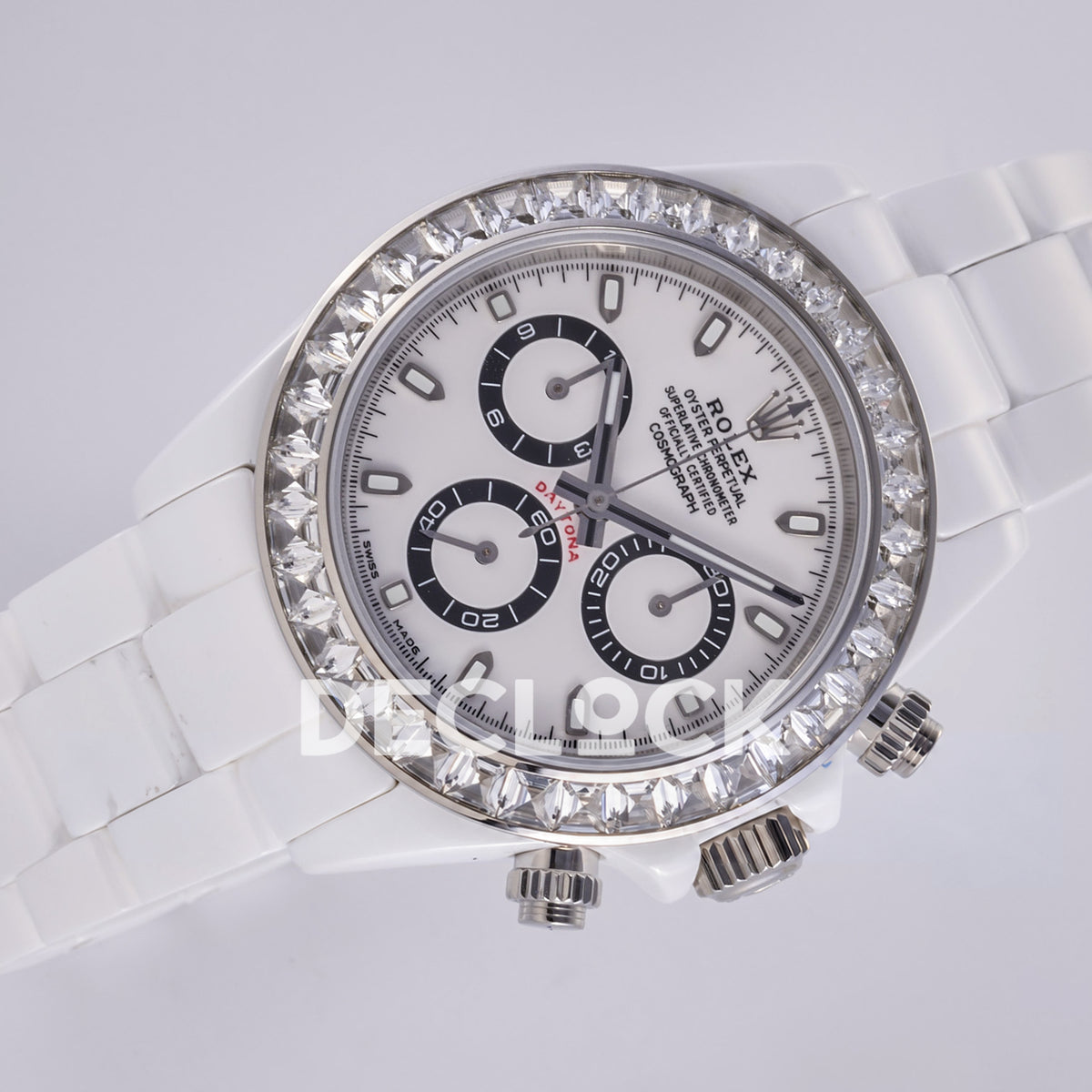 Rolex Daytona ADGF replica - original white AET Daytona dial, black chronograph rings, clear gem bezel and white ceramic case