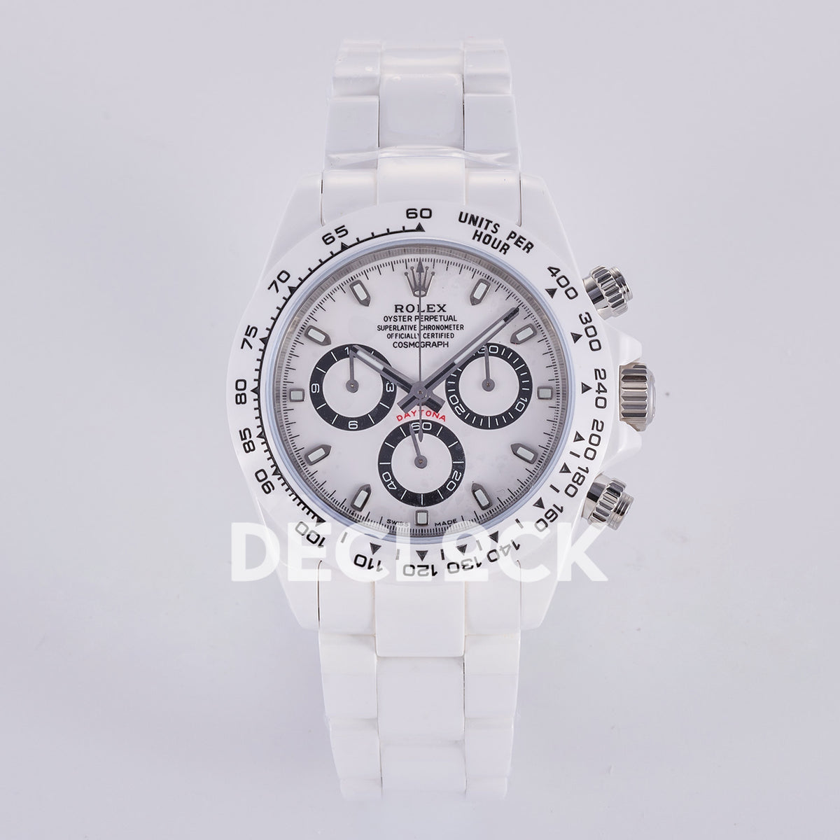 Rolex Daytona ADGF replica - front view of white dial, black counter rings, red DAYTONA lettering, white tachymeter bezel and white ceramic bracelet