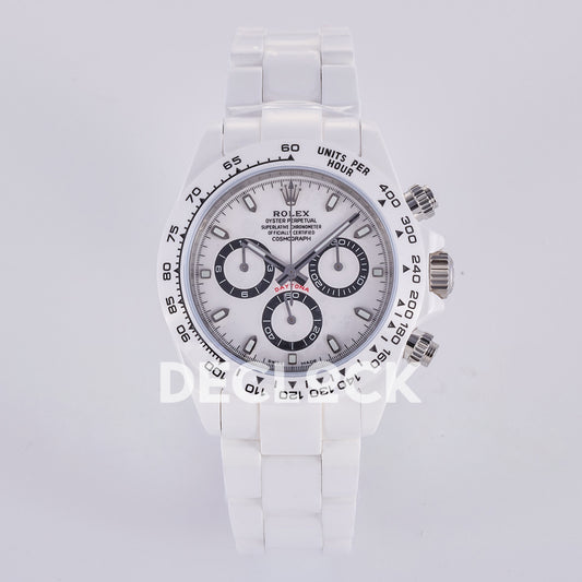 Rolex Daytona ADGF replica - front view of white dial, black counter rings, red DAYTONA lettering, white tachymeter bezel and white ceramic bracelet