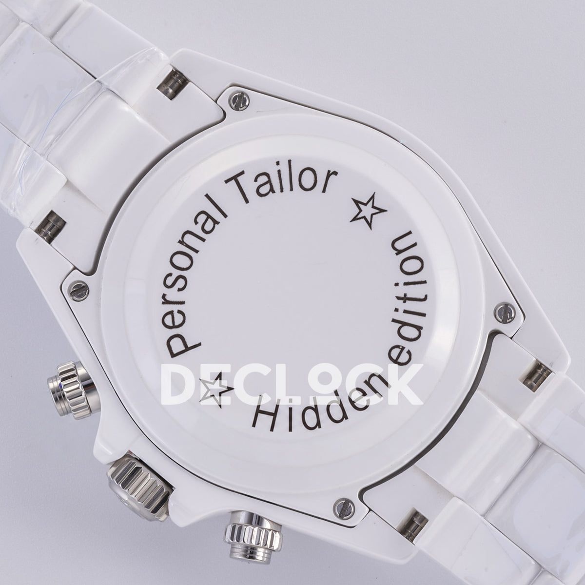 Rolex Daytona ADGF replica - original Personal Tailor and Hidden edition caseback inscription, two outlined stars, four screws and white ceramic bracelet with protective wrap
