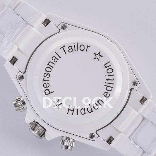 Rolex Daytona ADGF replica - original Personal Tailor and Hidden edition caseback inscription, two outlined stars, four screws and white ceramic bracelet with protective wrap