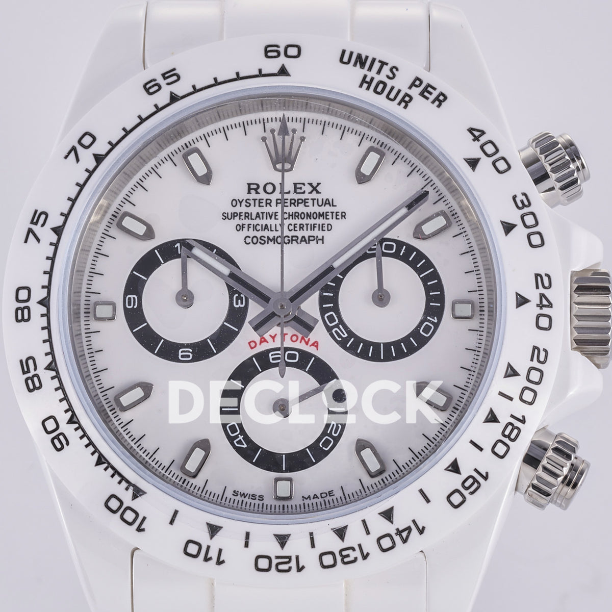 Rolex Daytona ADGF replica - original white dial, black chronograph rings and tracks, silver hands, luminous hour markers, black Rolex printing, red Daytona text, white ceramic tachymeter bezel and bracelet