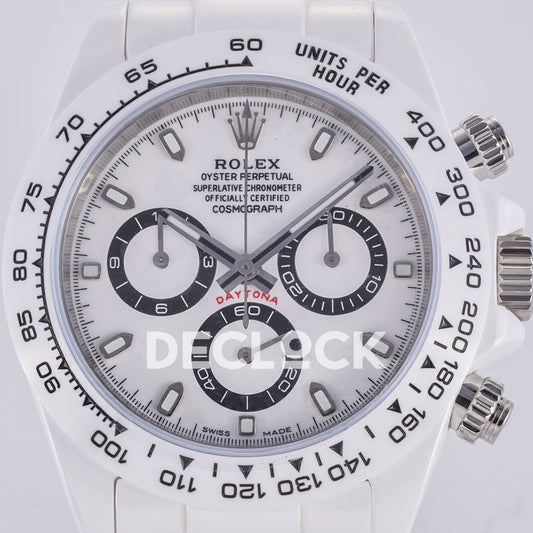 Rolex Daytona ADGF replica - original white dial, black chronograph rings and tracks, silver hands, luminous hour markers, black Rolex printing, red Daytona text, white ceramic tachymeter bezel and bracelet