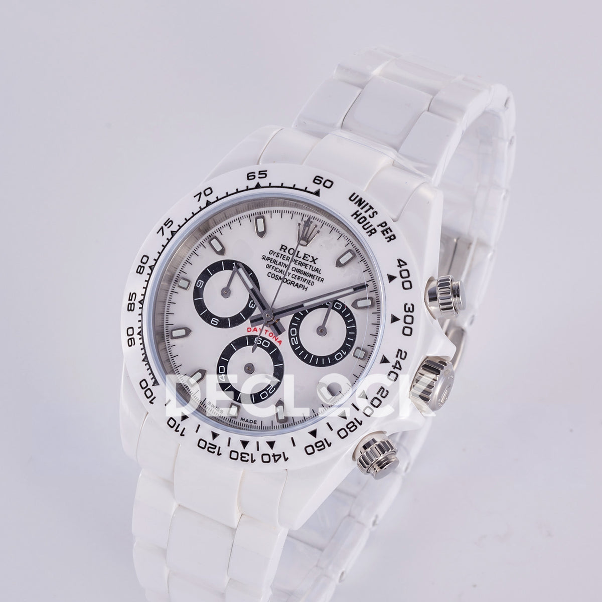 Rolex Daytona ADGF replica - original white dial, black chronograph rings and tracks, silver hands, luminous hour markers, black Rolex printing, red Daytona text, white ceramic tachymeter bezel and bracelet