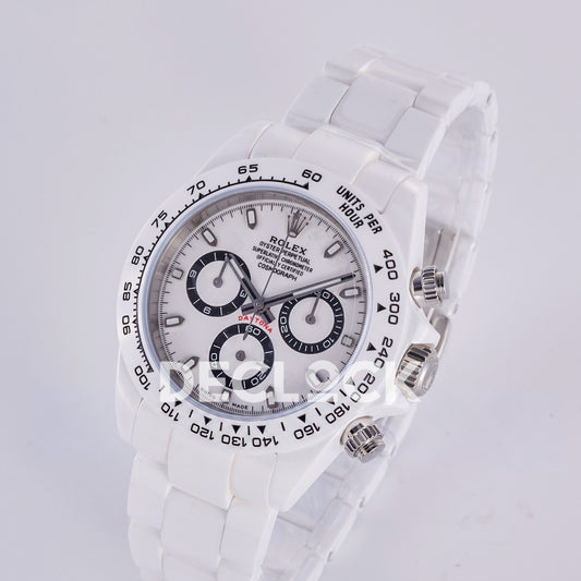 Rolex Daytona ADGF replica - original white dial, black chronograph rings and tracks, silver hands, luminous hour markers, black Rolex printing, red Daytona text, white ceramic tachymeter bezel and bracelet