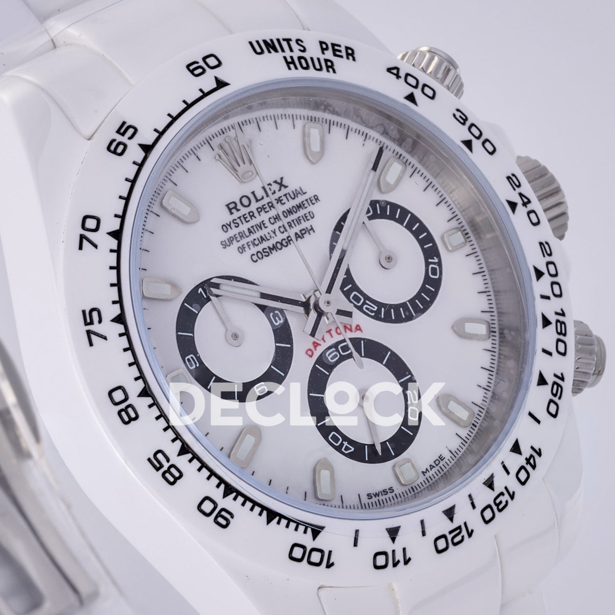 Rolex Daytona ADGF replica - original white dial, black chronograph rings and tracks, silver hands, luminous hour markers, black Rolex printing, red Daytona text, white ceramic tachymeter bezel and bracelet