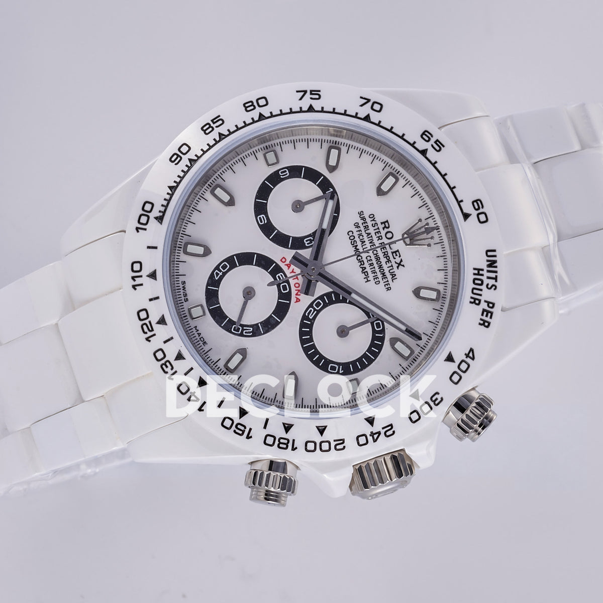 Rolex Daytona ADGF replica - original white dial, black chronograph rings and tracks, silver hands, luminous hour markers, black Rolex printing, red Daytona text, white ceramic tachymeter bezel and bracelet